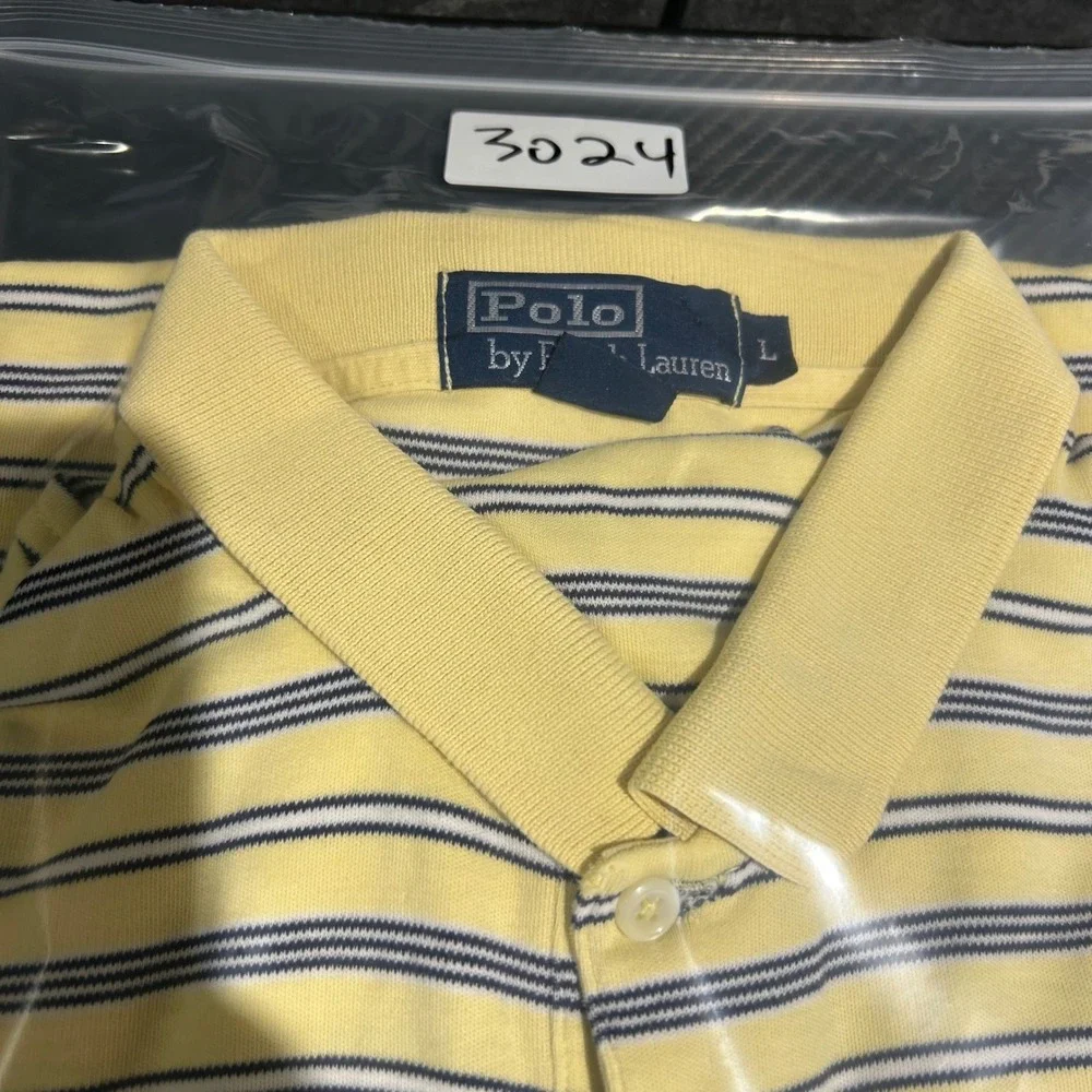Polo Ralph Lauren Polo Shirt Mens L Yellow Blue Striped Preppy Golf Short Sleeve